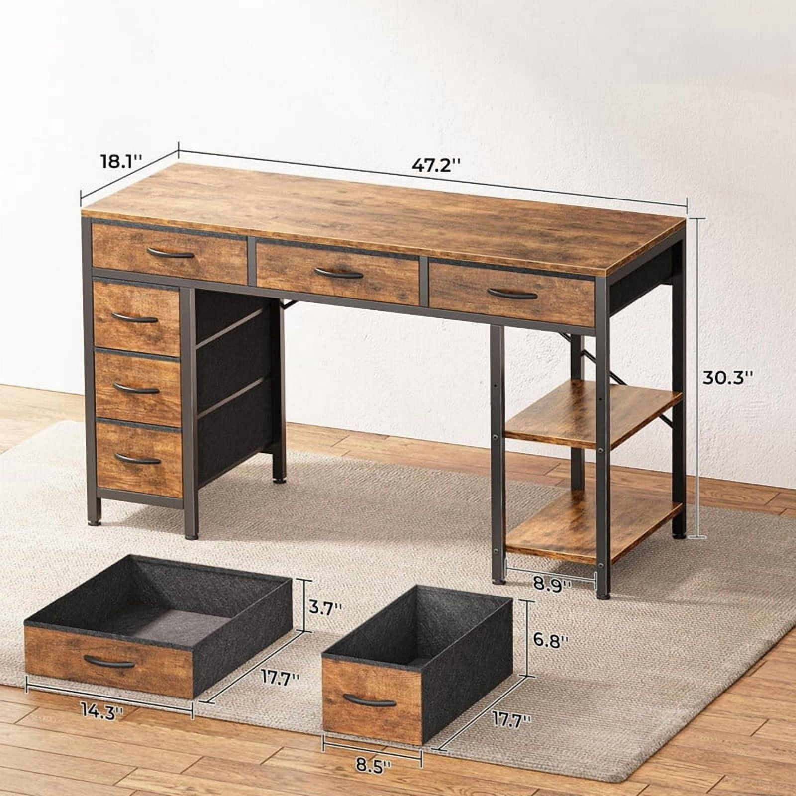 Kelno 47 Inch Computer Desk with 6 Fabric Drawer Storage Shelf Gaming Writing Table, Rustic Brown