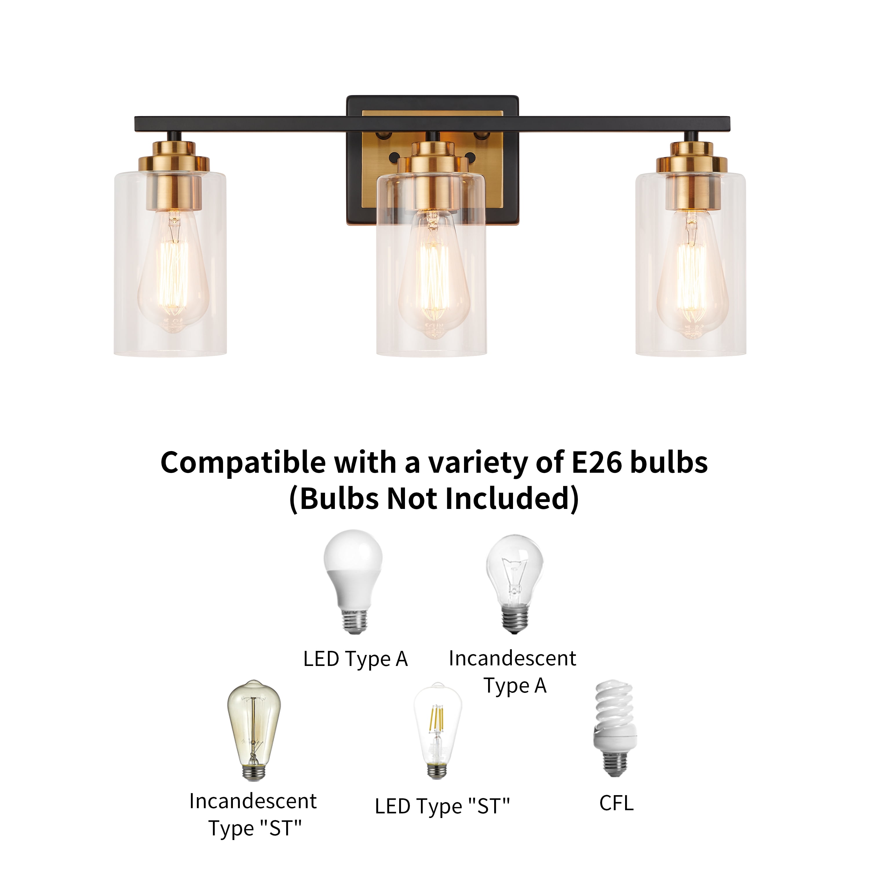 KAWOTI 22" 3-Light Black & Brass Vanity Light with Clear Glass Shade for Bathroom, Wall Mount Vanity Mirror Lighting