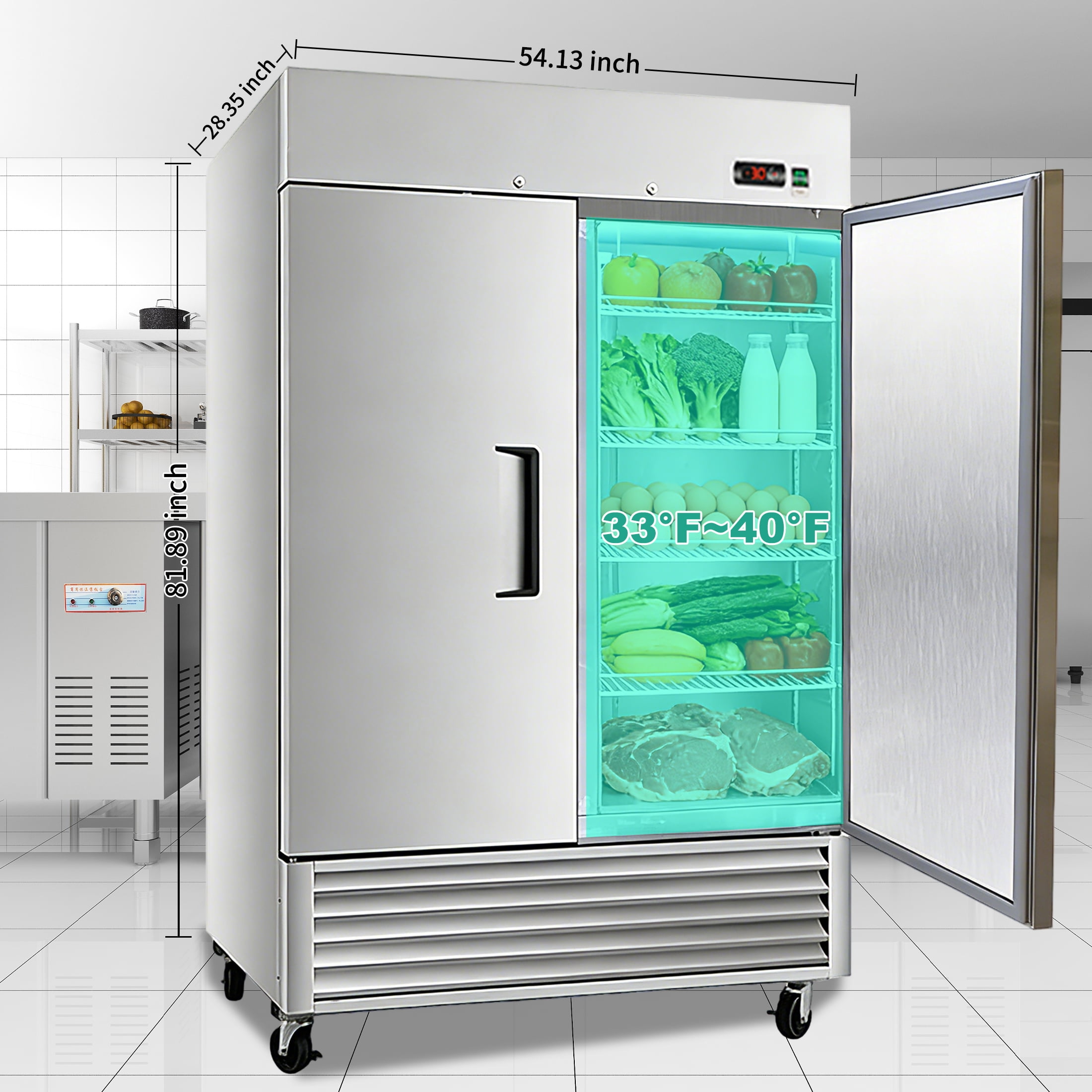 CTOSPOATO Commercial Refrigerator 54" W 2 Section 2 Solid Door Stainless Steel Interior and Exterior Construction Upright Fan Cooling 42.2 Cu.ft for Restaurant,Bar,Shop
