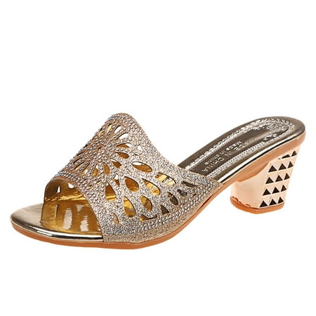 

GNEIKDEING Summer Women Sandals Hollow Breathable Rhinestone Sequins Casual Middle Heel Gift on Clearance