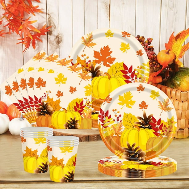 Platos de Papel para Acción de Gracias | Diseño Festivo Otoñal con Calabazas y Hojas de Arce | Vajilla Desechable para Fiestas de Otoño | 20 Unidades | 18 Cm | Papel Ecológico | Multicolor