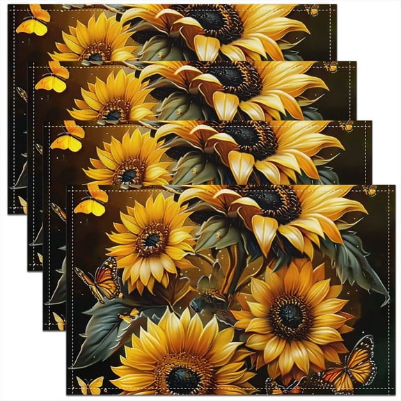 Sunflower Placemats 12x18 inch Set of 4,Yellow Flowers Floral Place mats for Teens Adult,Butterfly Heat Resisting Placemats,Botanical Nature Farmhouse Table Place Mats Kitchen Decor