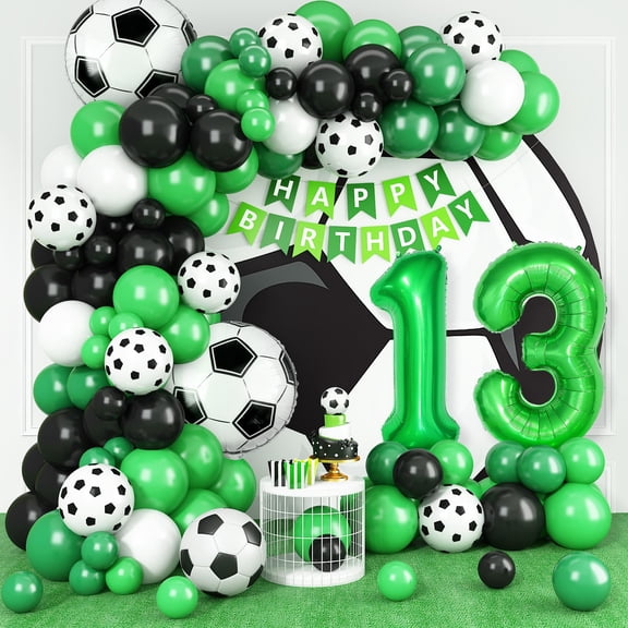 13th Birthday Soccer Balloons Arch,13th Soccer Garland Kit with Green Number 13 Balloon Football Balloons Soccer Mylar Foil Balloons for Boys Kids 13th Birthday Soccer Theme Party Decorations