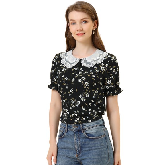 Unique Bargains Women's Peter Pan Collar Ruffled Bubble Short Sleeve Floral Blouse M Black