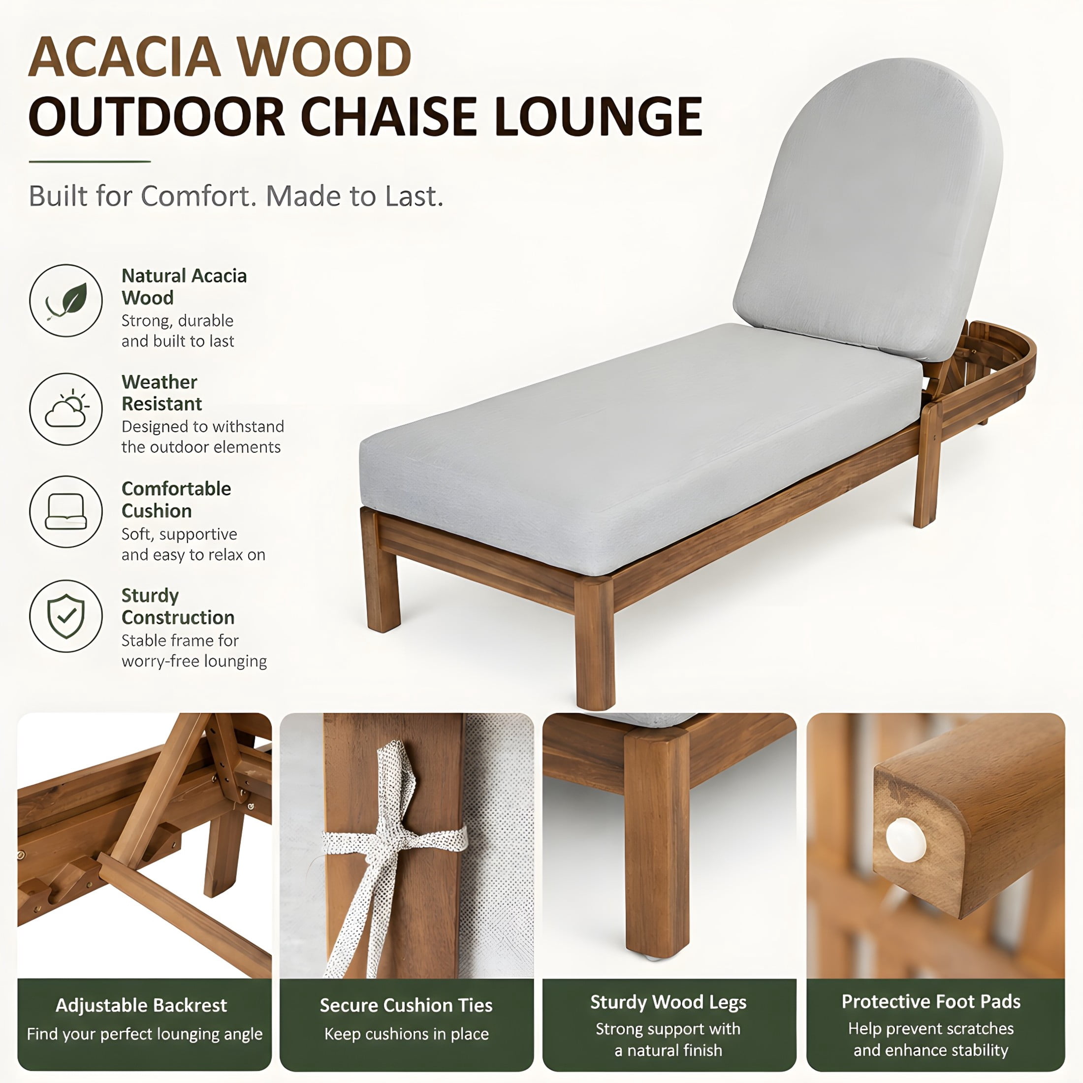 Christopher Knight Home Patio Acacia Wood Chaise Lounge with Cushion, Adjustable Backrest, Teak+Light Gray