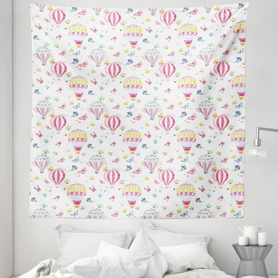 Girly Tapestry, Watercolor Style Hot Air Balloons with Butterflies Colorful Pattern, Fabric Wall Hanging Decor for Bedroom Living Room Dorm, 5 Sizes, Multicolor, by Ambesonne