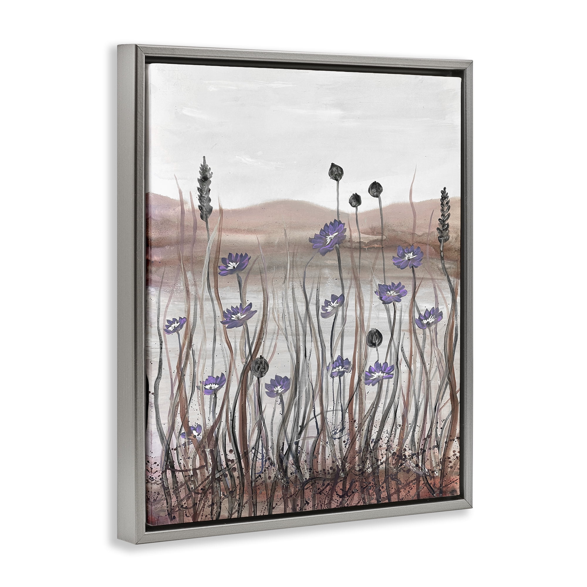 Stupell Industries Soft Lakeside Blooms Landscape Painting Gray Floater Framed Art Print Wall Art, 17 x 21