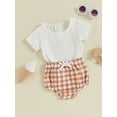 thumbnail image 2 of SUNSIOM Baby Girls Summer Outfits Solid Color Round Neck Short Sleeve T-Shirts Tops Ribbed Plaid Shorts 2Pcs Clothes Set, 2 of 6