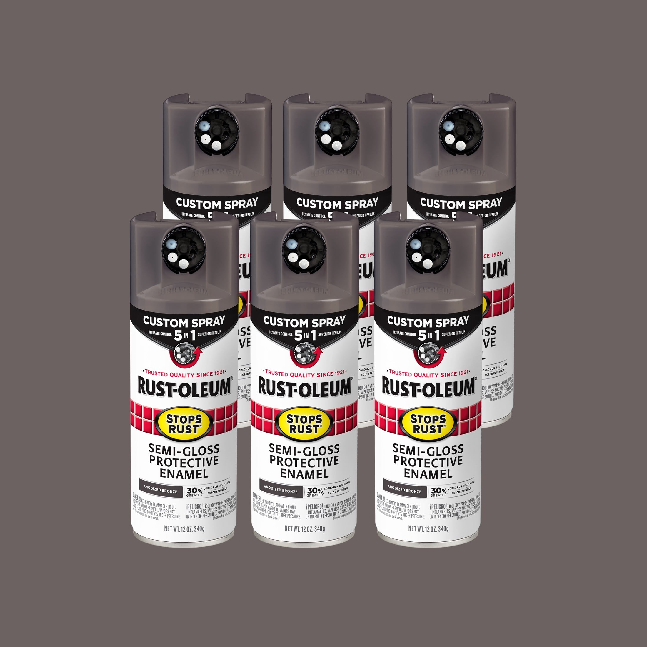 (12 pack) 6 Pack, Anodized Bronze, Rust-Oleum Stops Rust Custom Spray 5 in 1 Semi-Gloss Spray Paint-376911, 12 oz