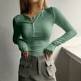 thumbnail image 2 of BiZtdJrK Women's Cropped Tops Ribbed Knit Button Crew Neck Long Sleeve Henley Shirts Slim Y2k Street T Shirt Green M, 2 of 8