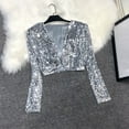 thumbnail image 2 of SnZhen Women's Sequin Coat Fashionable Solid Color Slim Fit Long Sleeve Short Jacket for Party & Evening Silver L, 2 of 5