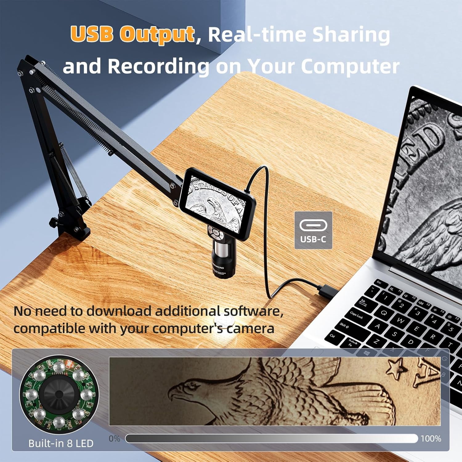 LM115A Digital Microscope Handheld with Flex Arm Stand, 5 Inch Soldering Camera for Adults, Portable Coin Magnifier Full View Coins with 8 LED, PC View, 1080P Video