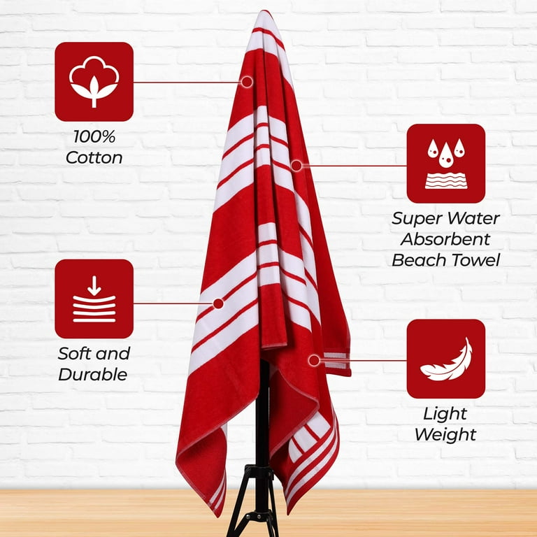 Superior Cotton Striped Oversized Beach Towel Set of 4, Red