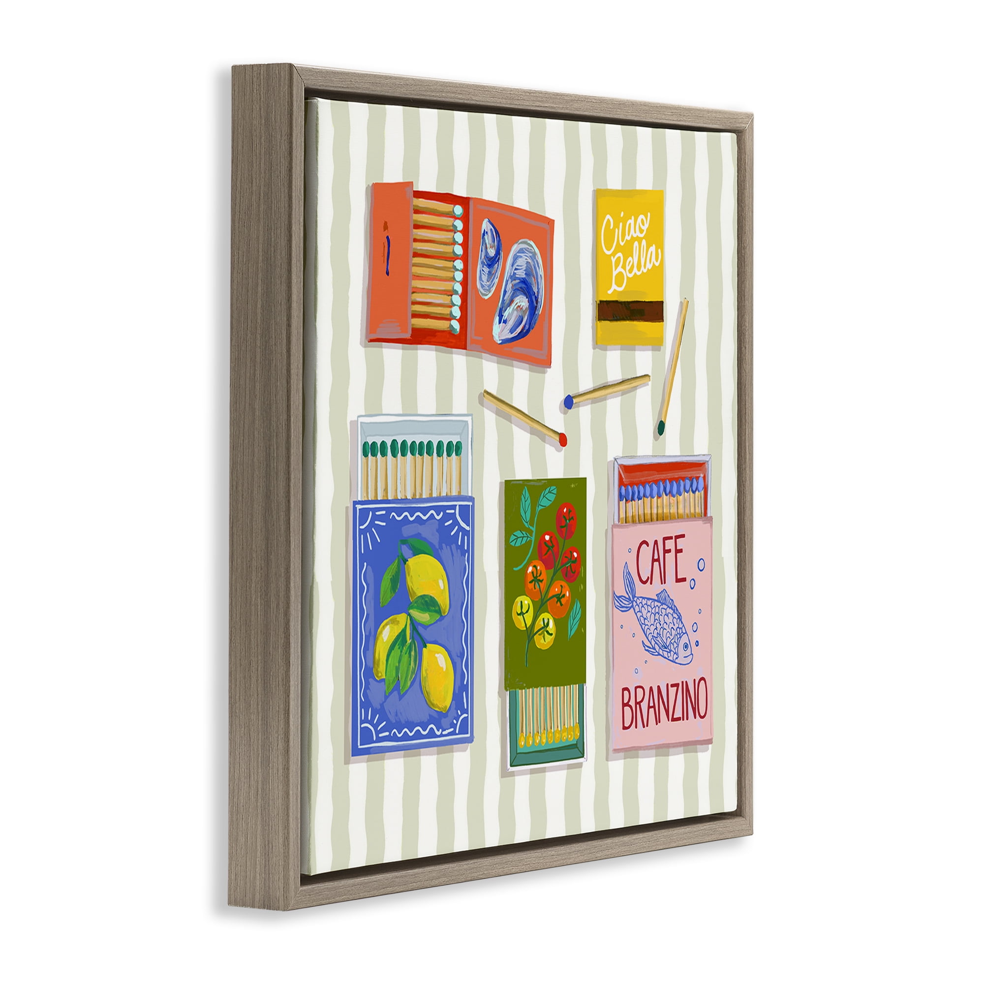 Stupell Industries Ciao Bella Seaside Matchboxes Brown Framed Floater Canvas Wall Art, design by Rachel Nerney