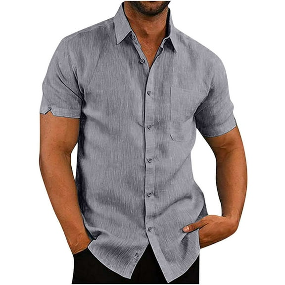 ZCFZJW Men's Casual Summer Button Down Linen Shirts Regular Fit Short Sleeve Cotton Beach Tops with Pocket Trendy Solid Color Hawaiian Shirts Leisure T-Shirts Gray XXXL