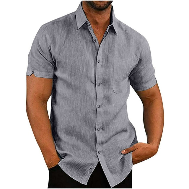 TIMIFIS Button Short Sleeve Tops Cotton Linen T Shirts for Men Summer Casual Turn-down Collar Solid Color Beach T-Shirts - Spring/Summer