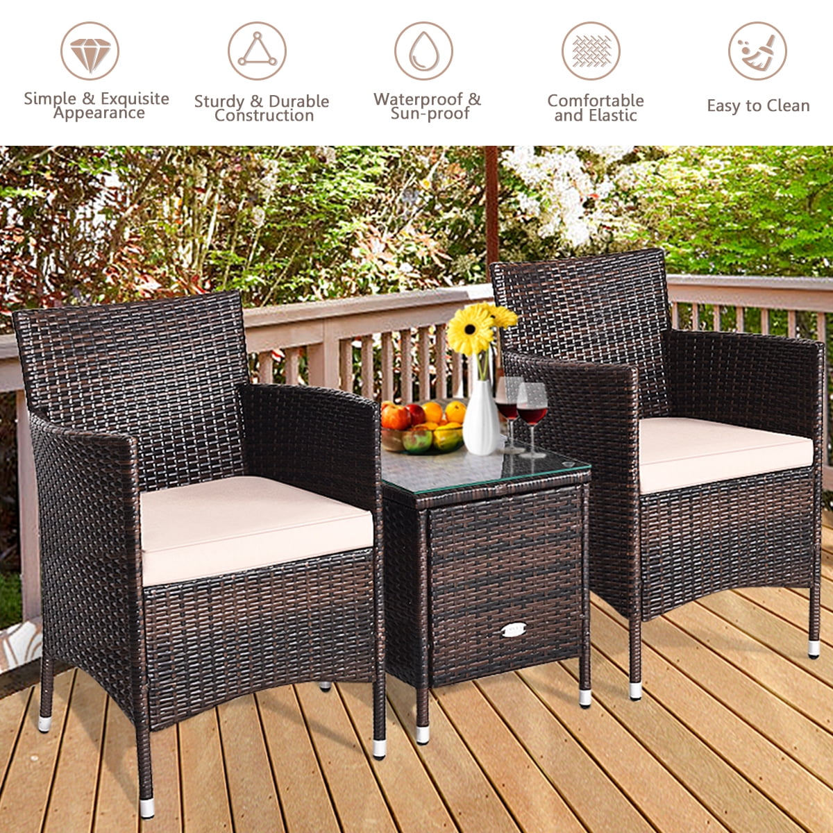 Costway Outdoor 3 PCS PE Rattan Wicker Furniture Sets Chairs  Coffee Table Garden Beige
