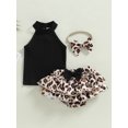 thumbnail image 2 of Wassery Infant Baby Girls Summer Outfit Solid Color Sleeveless Hanging Neck Tank Tops + Leopard Print Ruffle Shorts + Headband Set 3Pcs 3-24M, 2 of 9