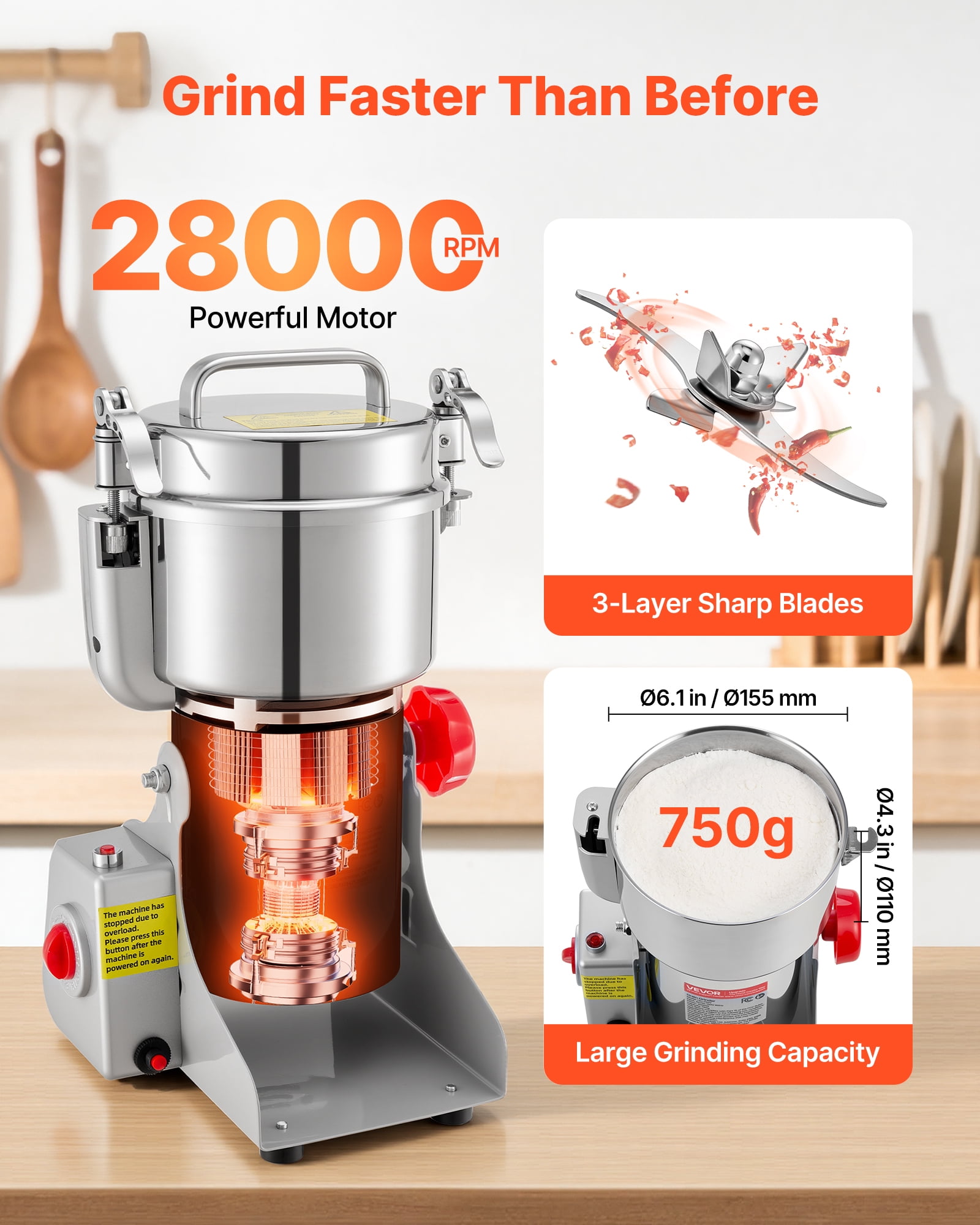VEVOR 750g Electric Grain Mill Grinder, 2000W 28000RPM High Speed Spice Corn Dry Grinding Machine,Stainless Steel Pulverizer Powder Machine for Dried Grains Coffee Beans Spices Nuts (270° Swing Type)