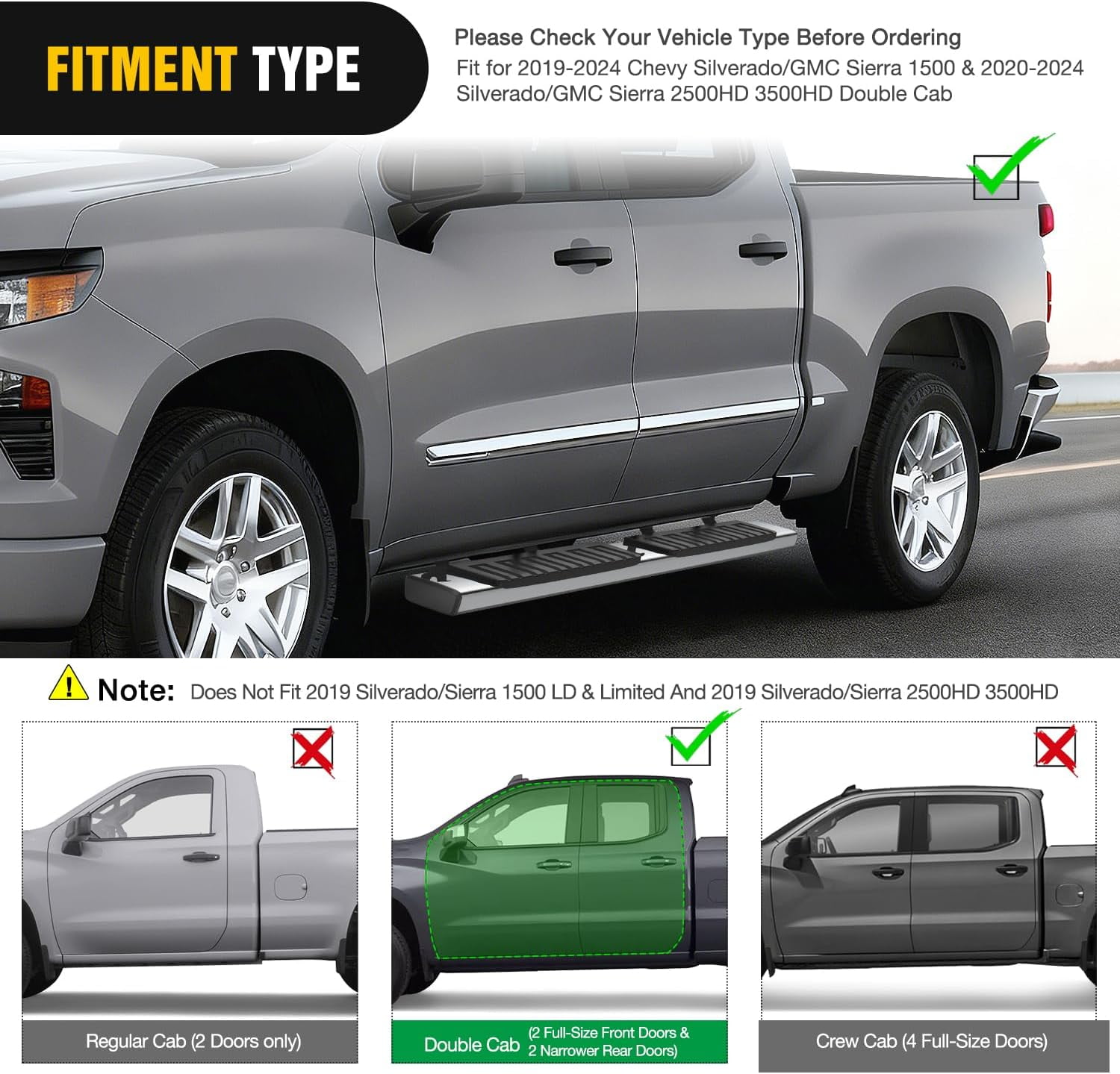 Nilight Running Boards for 2019-2024 Chevy Silverado/GMC Sierra 1500 Double Cab 2020-2024 Silverado/GMC Sierra 2500HD 3500HD 6 Inch Stainless Steel Bolt-on Side Step Nerf Bars