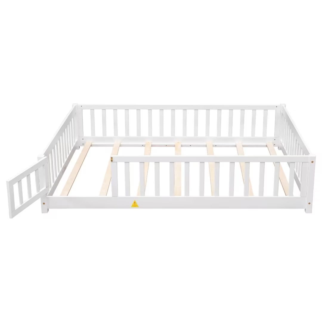 Full Size Floor Bed for Kids, Wood Full Montessori Bed Frame with Fence Guardrails and & Support Slats, Full Playhouse Bed with Door Design, Kids Fence Bed Playpen Bed for Toddler, Boys ,Girls, White