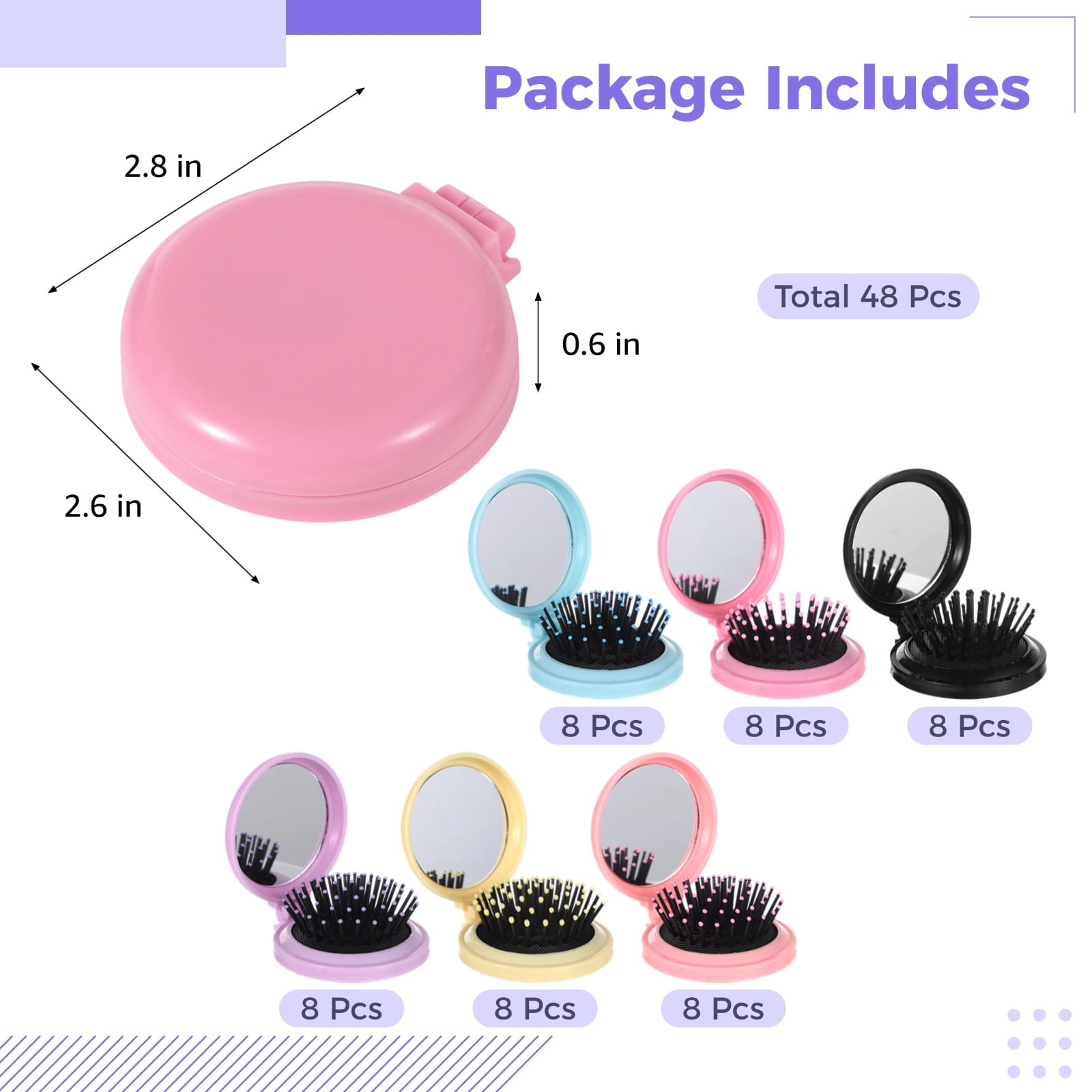 48 Pcs Folding Hair Combs Bulk, Portable Detangling Pocket Brushes, Compact Travel Mini Mirror Combs for Wet Dry Hair, 6 Colors