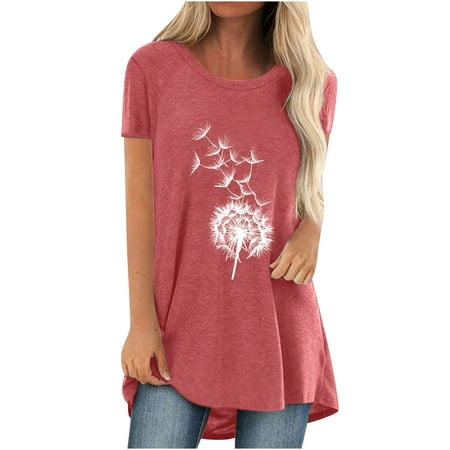 

Women Fashion Casual Printing Shirts Short Sleeve Loose Tee Tops Tunic Blouse Cropped T Shirts for Women Pink XXL