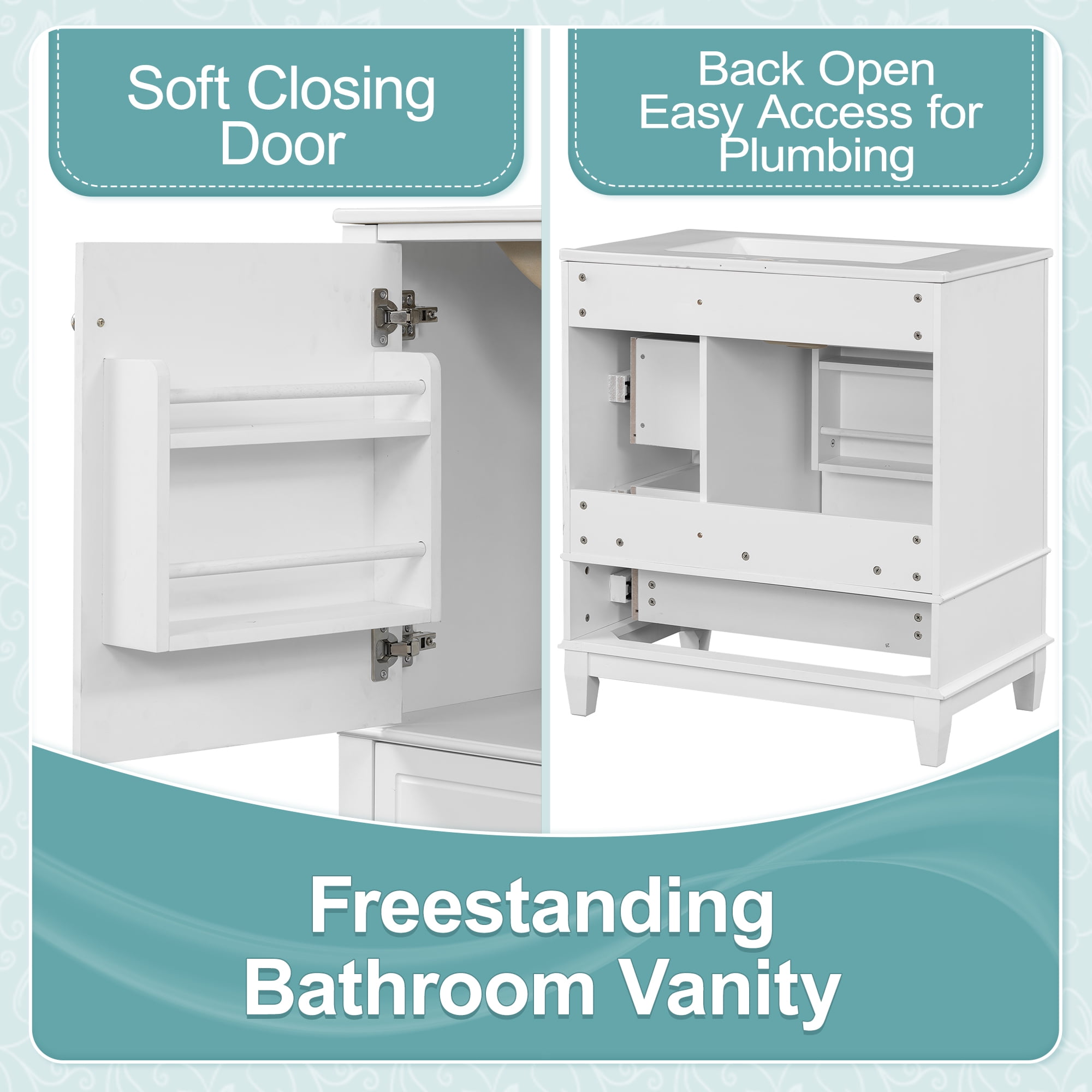 Euroco 30" Bathroom Vanity with Sink, One Door with Shelf and Three Drawers, Soft Close Door