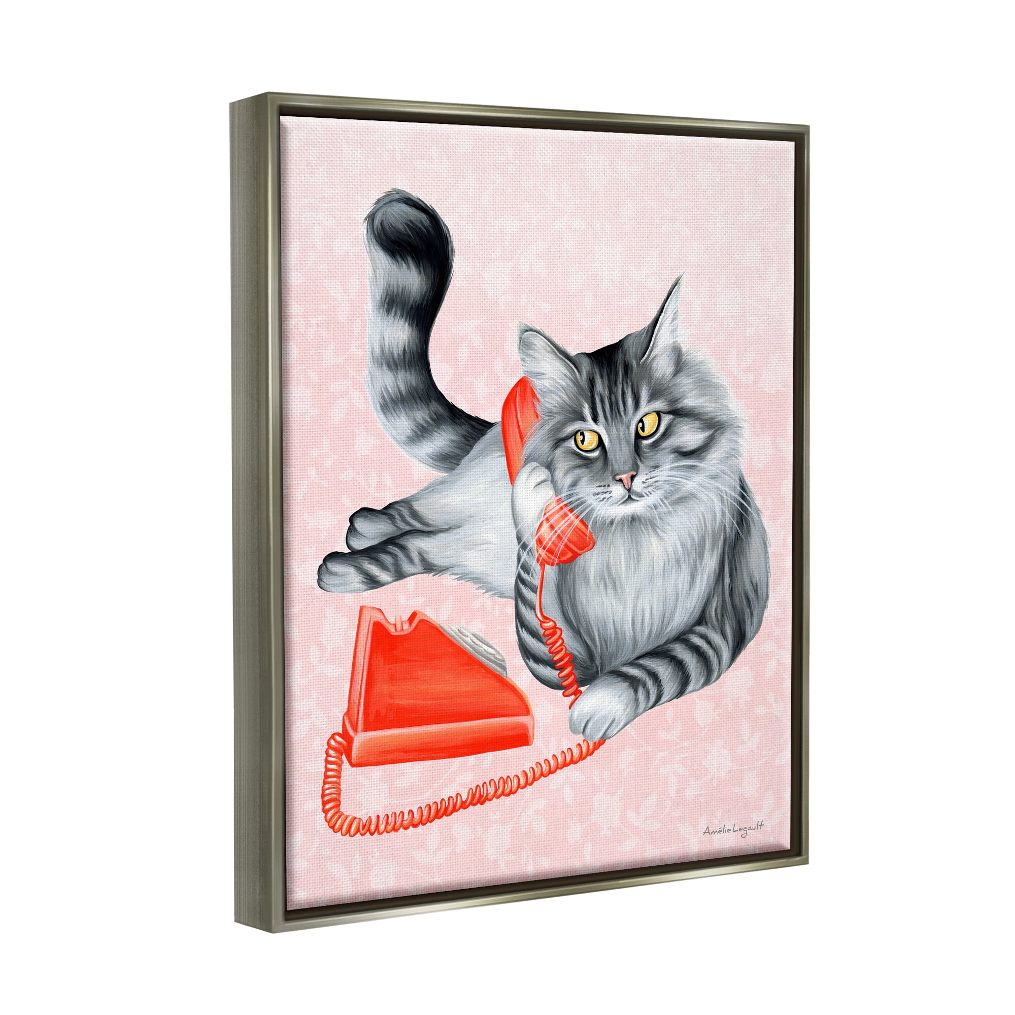 Stupell Industries Expressive Manx Cat Vintage Telephone Botanical Pattern Graphic Art Luster Gray Floating Framed Canvas Print Wall Art, Design by Amelie Legault