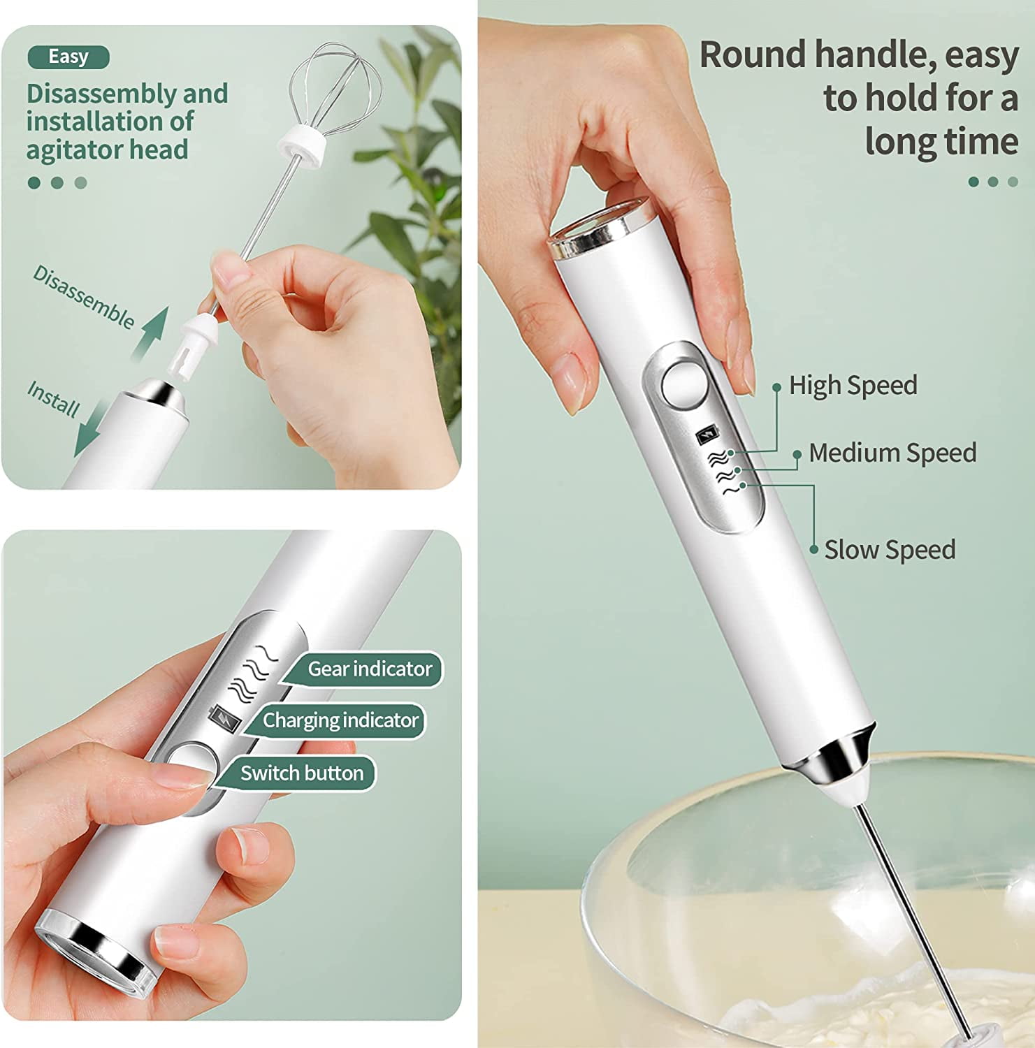BN-LINK Handheld Milk Frother USB Rechargeable, with 2 Heads Coffee Whisk Foam Mixer, 3 Speeds Electric Mini Blender for Latte, Cappuccino, Hot Chocolate, Egg