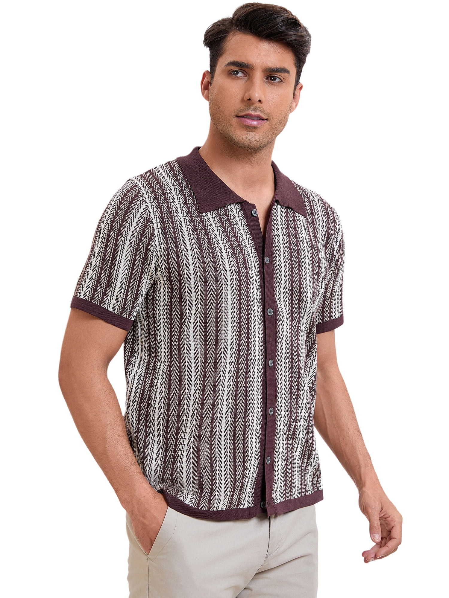 DARING DIVA Men's Striped Short Sleeves Button Down Jacquard Polo Shirts XL Light Brown