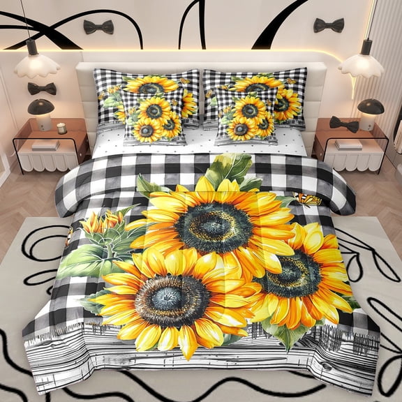 Homewish Retro Flowers Sunflowers 7-Piece Twin Bedding Sets For Teens Female Girls,Geometric Plaid Bedding Comforter Set,Chic Floral Blossoms Breathable Sheet Sets,Lightweight Room Decor,Reversible
