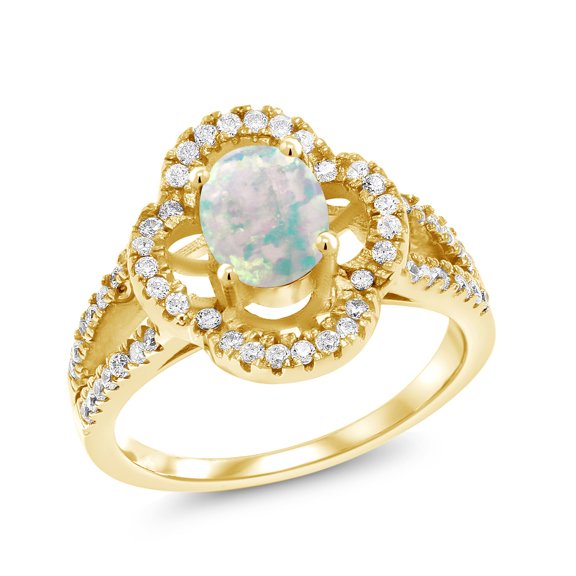 Gem Stone King 1.37 Ct Oval Cabochon White Simulated Opal 18K Yellow Gold Plated Silver Spotlight Ring (Size 7)