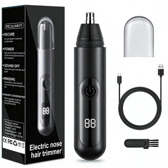 JUUTREN Nose and Ear Hair Trimmer for Men Women, Rechargeable Eyebrow & Facial& Nose Hair Trimmer Grooming with LED Display, IPX7 Waterproof, Painless & Detachable Dual-Edge Blades for Easy Cleansing