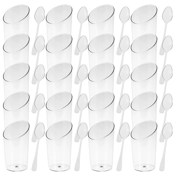 Sutowe 20/50/100Pcs 50ml Plastic Dessert Cups Round Parfait Cups with/without Spoons Clear Slanted Parfait Glass Mini Dessert Appetizer Cup for Cake Souffle Jello Tumbler Weddings Catering Supplies