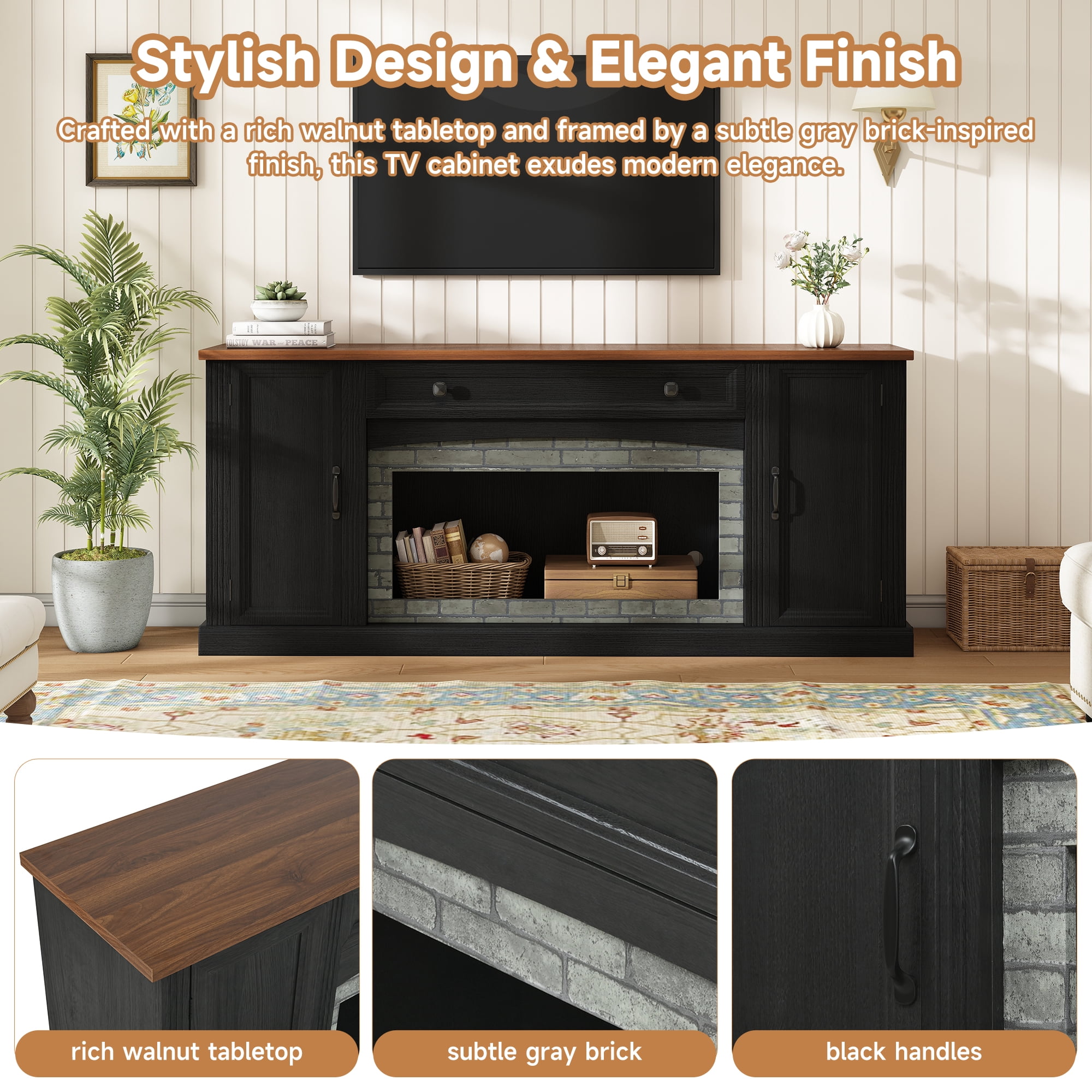 Homy Casa 67" Farmhouse TV Stand for 75" TVs, Media Console with Storage, Black