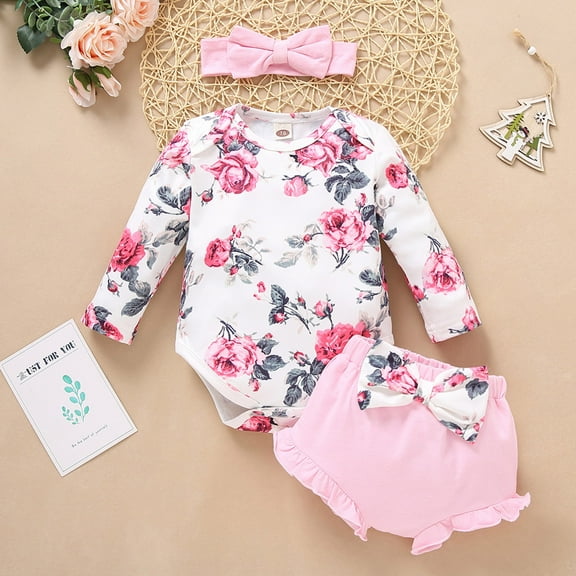 Augper Baby Girl Clothes Long Sleeve Fall Winter Clearance Newborn Infant Baby Girls Ruffles Romper Tops Floral Shorts Outfits Headband Set