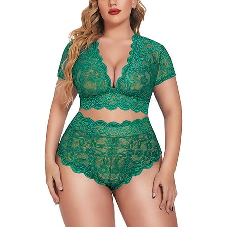 

Avidlove Plus Size Lingerie Plus Floral Lace Scallop Trim Lingerie Set Deep V Allover Lace Bra Panties Set Sexy Clubwear (14 Plus Green)