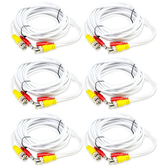 Evertech 6 Pcs 25 Feet White BNC Cable CCTV Security Camera Power Video Read-Made Wire for Surveillance