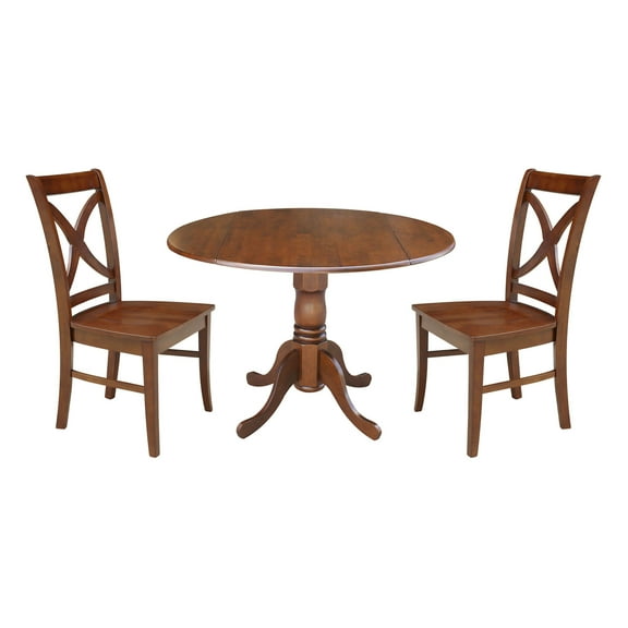 42" Solid Wood Dual Drop Leaf Pedestal Dining Table with 2 Cross Back Dining Chairs in Espresso by International Concepts