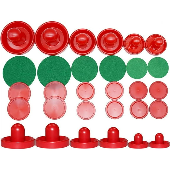 STONCEL Air Hockey Pushers, 6 Sets Light Weight Air Hockey Pushers and Pucks Slider Replacement Table Mallet Goalies Hockey Handles Ball, 3 Sizes Plastic Air Hockey Table Felt Pusher for Game Tables