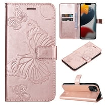 Decase Wallet Case for Apple iPhone 14, Butterfly Embossed PU Leather Wallet Case Flip Protective Phone Cover with Card Slots and Kickstand Case,Rosegold