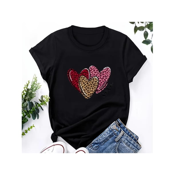 Women's Valentine's Day Love Leopard Heart Print Cotton Short Sleeve Casual T-shirt-Graphic Tee, Crew Neck Shirt