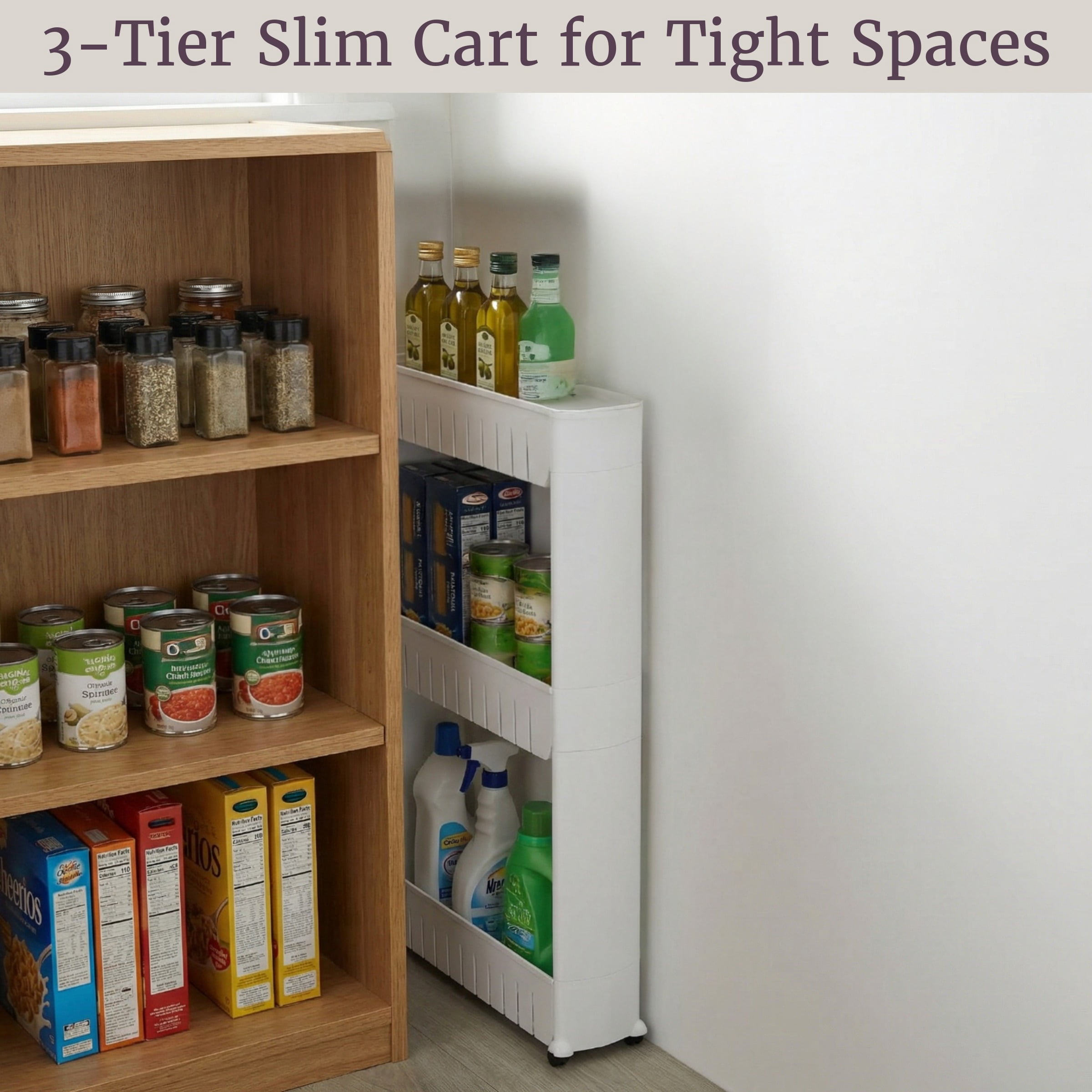 Everyday Home 3 Tier Shelf Rolling Cart - Narrow-Space Kitchen or Bathroom Shelf Organizer Cart - Slim Slide-Out Storage Shelves for Kitchen, Bathroom, Laundry and Pantry