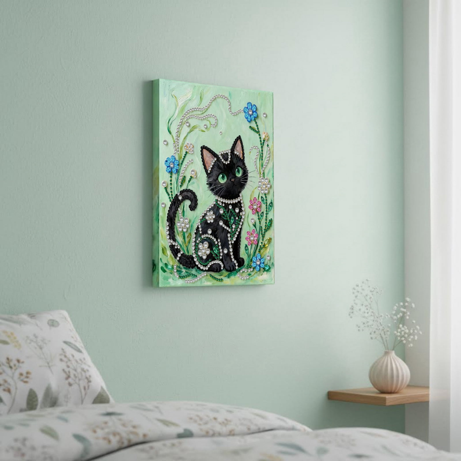 FLOPESN DIY Gemstone Pearl Diamond Art Painting Kit with Frame, 11.81x15.75in Colored Canvas, Home Decor Display for Tabletop and Wall -Black Cat