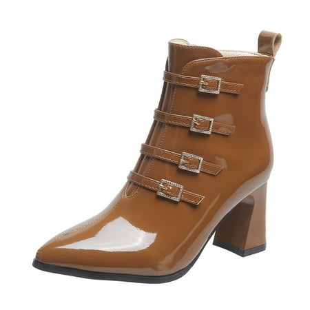 

Boots for Women Clearance Deals! Verugu Western Cowboy Chunky Heel Ankle Booties Ankle Boots for Women Autumn Ladies Pointed Toe Short High Heels Decorative Buckle Side Zipper Leather Boots Brown 35