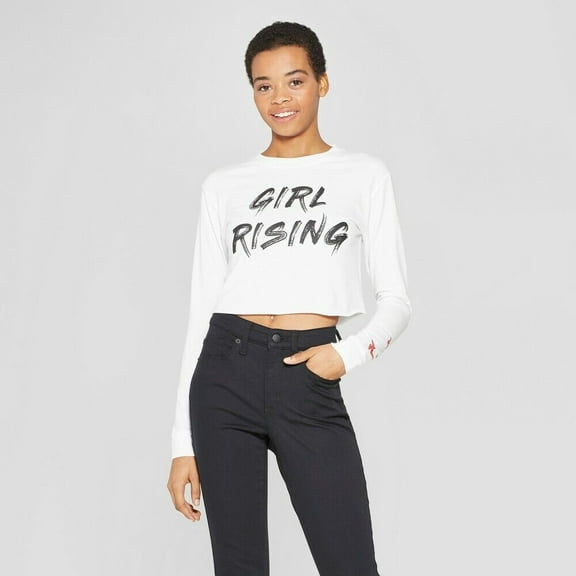 Women's Long Sleeve Girl Rising Cropped Graphic T-Shirt (Juniors')- White- (X-Large)