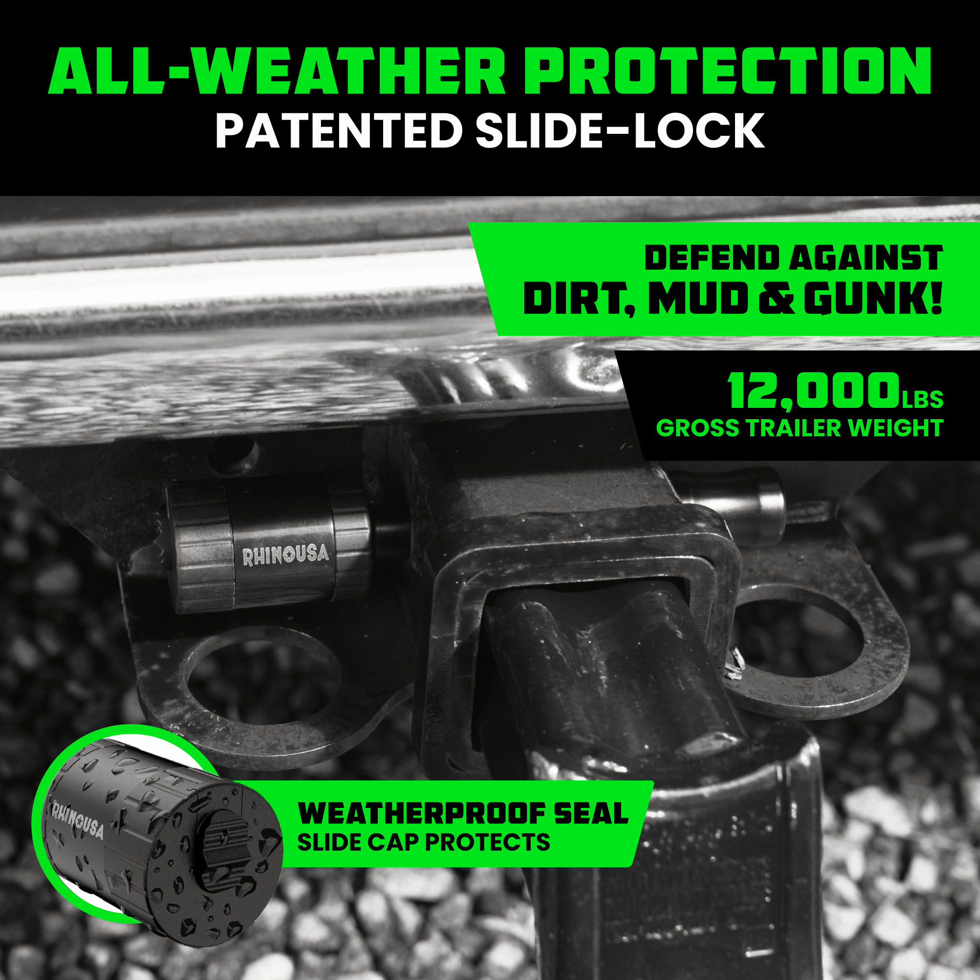 Rhino USA 2” Trailer Hitch Pin – Patented Locking Receiver Pin for Class III/IV Hitches – Weatherproof, Anti-Theft, Debris-Protected – Tow Truck Ready – BLK 2PK Keyed-Alike