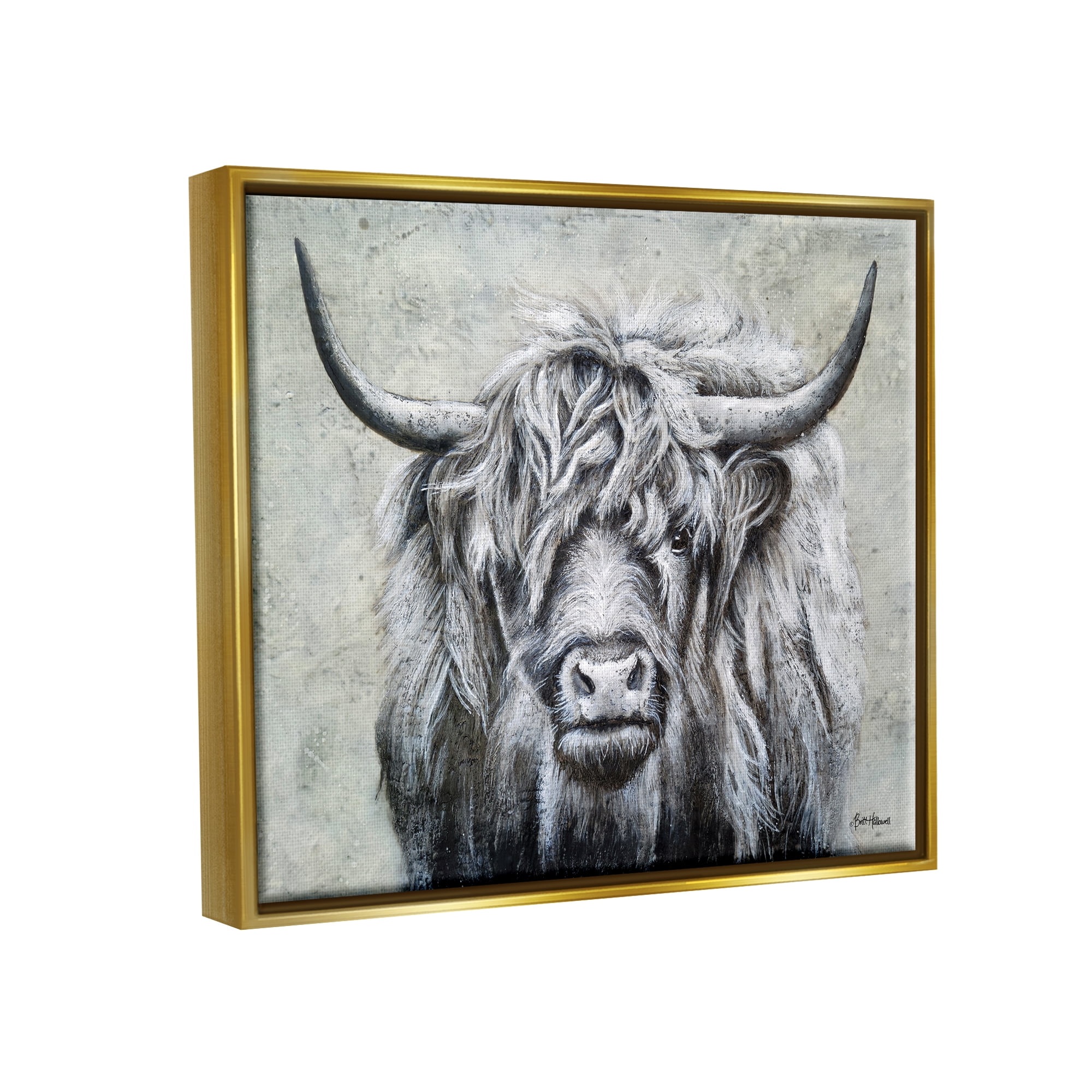 Stupell Highland Cattle Distressed Rustic Animals & Insects Painting Gold Floater Framed Art Print Wall Art