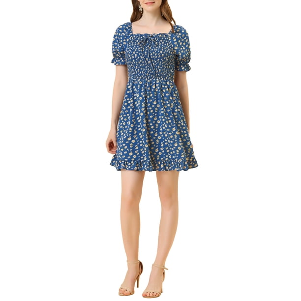Vestido Floral con Mangas Abullonadas, Cuello Corazón y Dobladillo Volante para Mujer XL Azul Oscuro